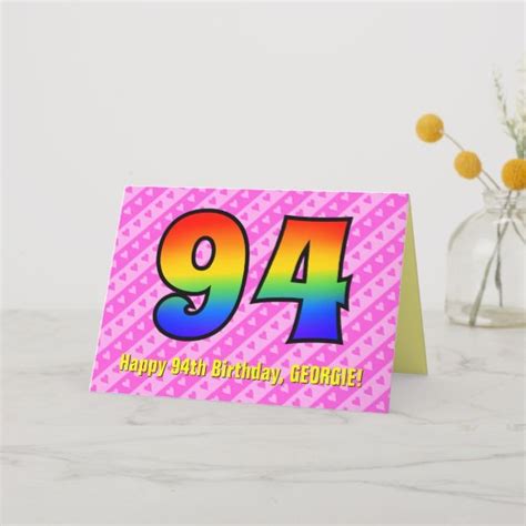 Fun Pink Stripes Hearts Rainbow 94th Birthday Card Zazzle