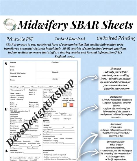Midwifery Sbar Handover Sheets Prints Learning Tool Etsy Uk