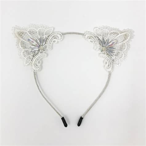White Cat Ear Headband Lace Ab Rhinestones Festival Etsy