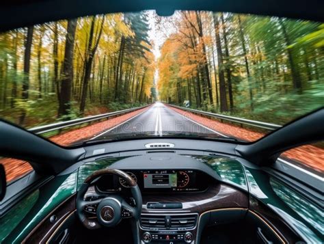 Selfdriving Car Cruising Through Forest With Ai Windshield Stock