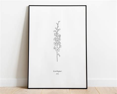 Larkspur Flower July Birth Month Line Art Drawing Minimalist X4 Options