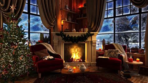 Christmas Cabin Ambience Crackling Fireplace With Snowstorm 3 Hours