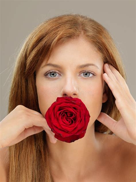Beautiful Woman Holding Red Rose In Mouth Stock Image Image Of Kiss