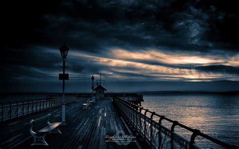 Gray Wooden Dock Under Dark Cloudy Sky Landscape Pier Sky Hd