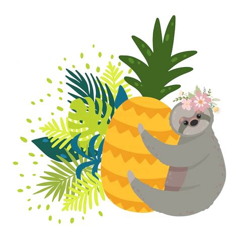 Premium Vector Cute Sloths On The Yellow Pineapple Surrounded By Tropical Leaves