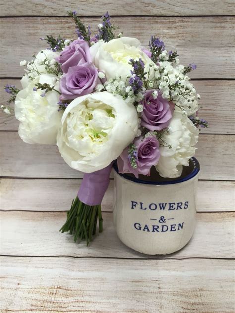 White Peony Lavender Herb Lavender Rose Babies Breath Wedding Bouquet