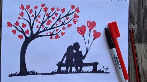 Valentines Day How To Draw Romantic Couple Under Love Hearts Tree Bench