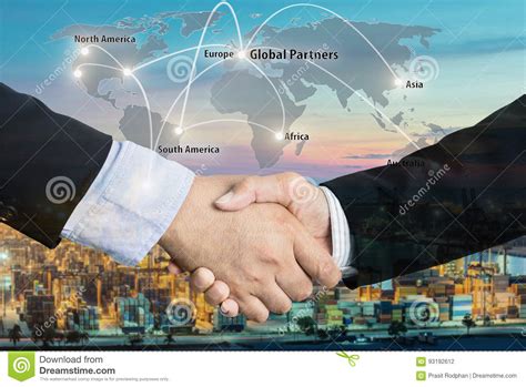 Double Exposure Of A Businessman Handshake With Map Global Part Stock
