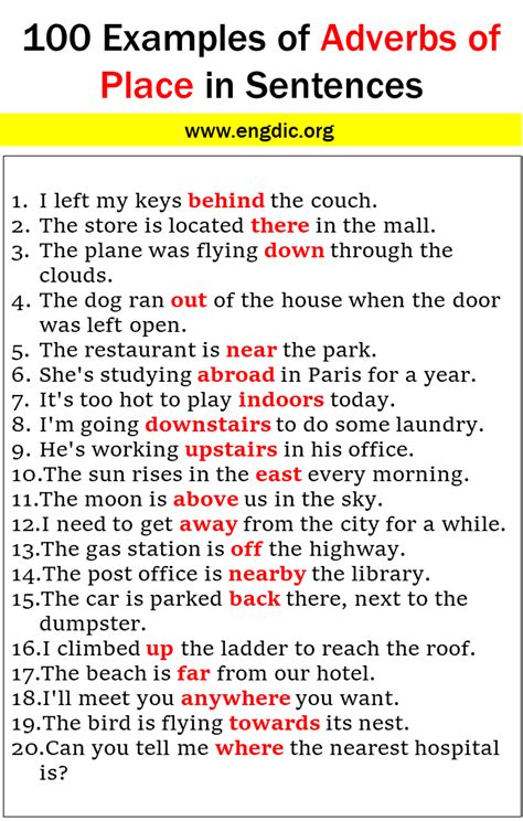 100 Examples Of Adverbs Of Place In Sentences Engdic