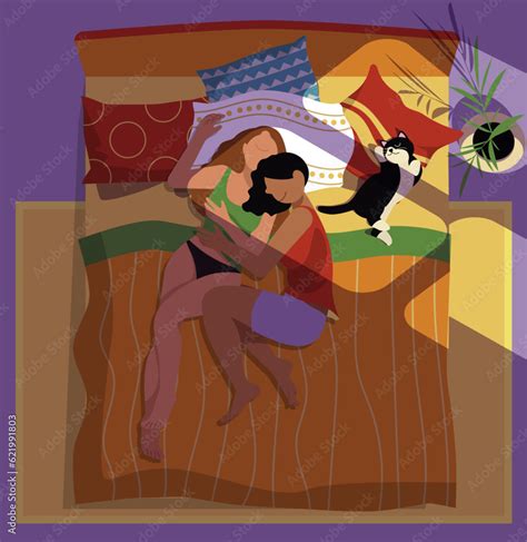 Vetor De Everyday Lgbt Life Affectionate Lesbian Couple Sleeping In Bed With Soft Lighting