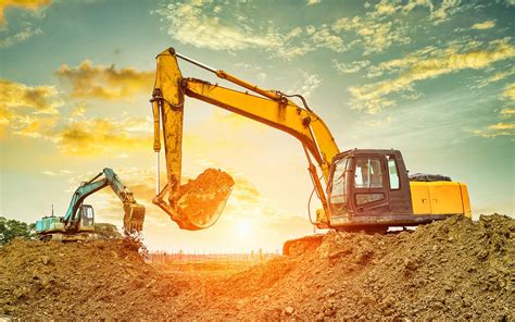Download Wallpapers Excavators Evening Sunset Construction Equipment