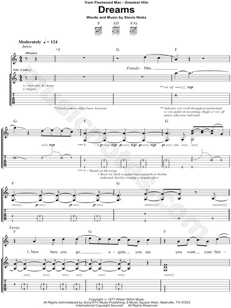 Fleetwood Mac Dreams Guitar Tab In C Major Download And Print Sku