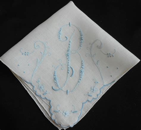 B Monogram Hanky Vintage White Linen Wedding Handkerchief Light Blue