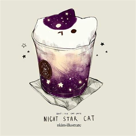Cute cartoon hand drawn cat with cup of coffee and speechbubble for text. Night Star Cat | Cute food art, Kawaii art, Cute animal ...