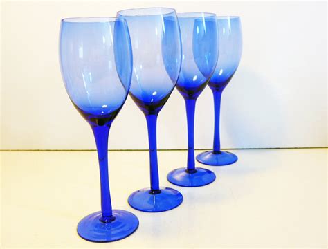 Vintage Set 4 Cobalt Blue Wine Glasses Handblown 4 Beautiful