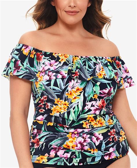 Swim Solutions Plus Size Printed Off The Shoulder Ruffle Tankini Top