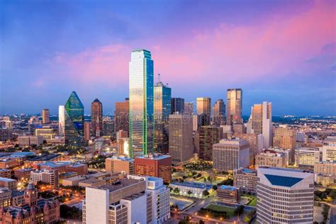 Dallas Texas Cityscape With Blue Sky At Sunset Stock Photo Image Of