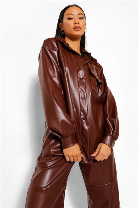 Womens Tall Pu Faux Leather Oversized Shirt Brown 2