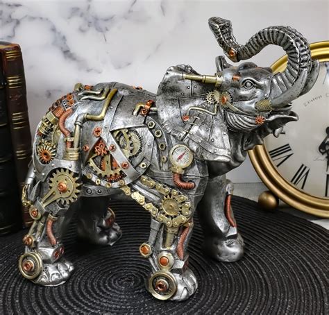 Ebros Steampunk Pressure Valve Geared Cyborg Elephant With Trunk Up