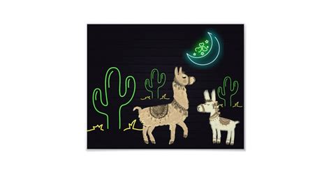 Llamas Under A Neon Moon Neon Cactus Desert Poster Zazzle