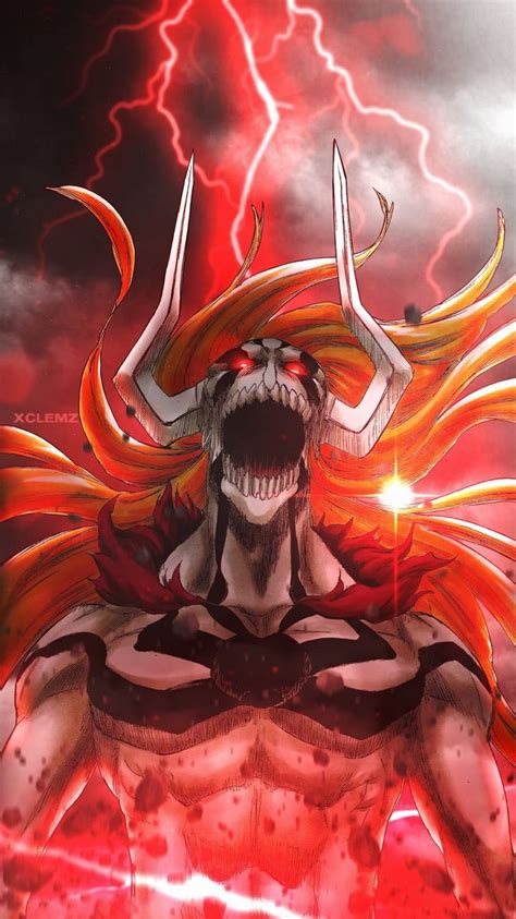 An Anime Character With Long Red Hair And Horns On His Head Standing In Front Of Lightning