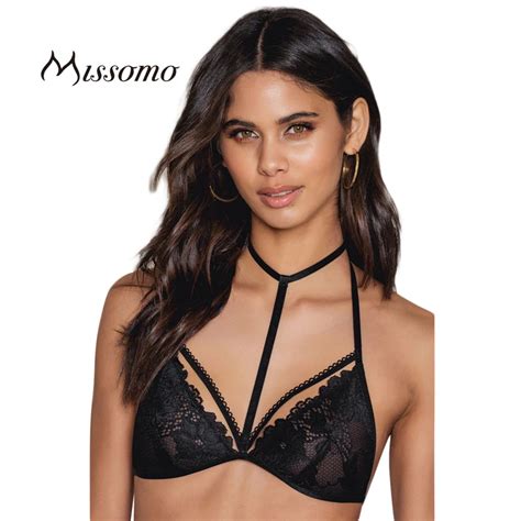 missomo women sexy solid black choker lace up strap bralette hollow out back closure push up