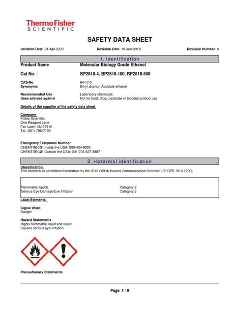 Msds Ethanol 64 17 5 By Thermofisher 2018 Pdf Combustion