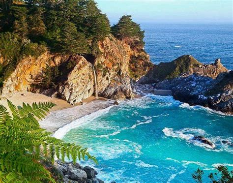 Big Sur Mcway Falls Waterfall Cove Picture Blue Green Sunset Ocean