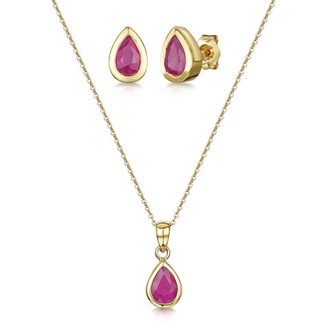 9ct Yellow Gold Ruby Set 18 Chain Pendant And Stud Earrings Set