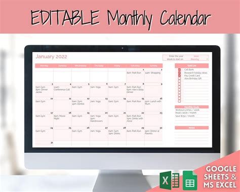 Editable Monthly Calendar Monthly Planner Template Automated Etsy