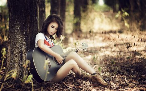 Asian Guitar Girl Sitting Trees Wallpaper Girls Wallpaper Better