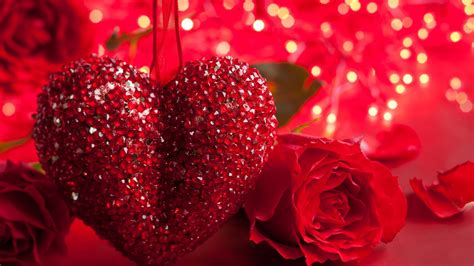 Glittering Stone Red Heart In Bokeh Background Hd Valentines Wallpapers