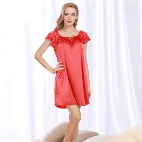 Ng093 Satin Silk Women Nightgown Short Sleeves Night Dress Sexy Summer
