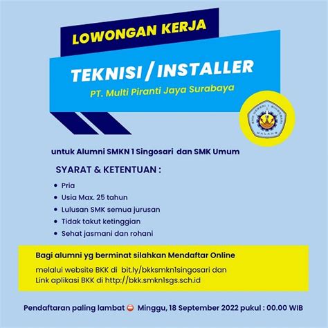 📌 LOWONGAN KERJA 📌 PT. MULTI PIRANTI JAYA SURABAYA | SMK Negeri 1 Singosari