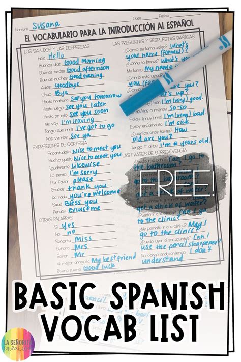 Introduction To Spanish Basic Vocab List Free Free Spanish Lessons