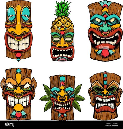 Сет De Las Ilustraciones De La Máscara De Madera Tribal Tiki Elemento De Diseño Para Logo