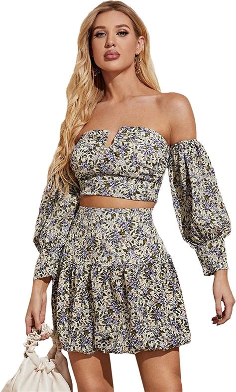 Floerns Women S Two Piece Outfit Off Shoulder Drawstring Crop Top And