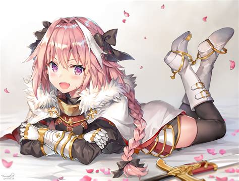Armor Astolfo Blush Boots Bow Braids Cape Cherry Blossoms Fang Fateapocrypha Fate Series Long
