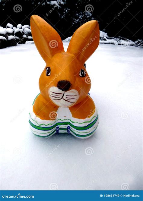 Easter Bunny In The Snow With Copy Space For Text Happy Easter Stock