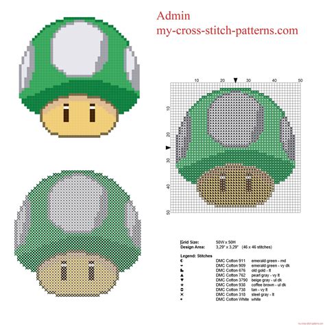 Super Mario 1 Up Mushroom Green Mushroom Free Cross Stitch Pattern