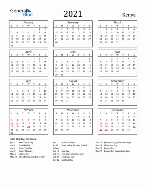 2021 Kenya Calendar With Holidays