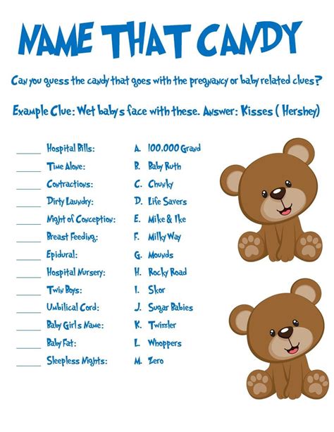 Baby Shower Bear Themed Name That Candy Game Etsy