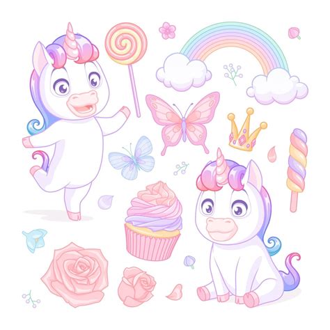 Vector Set With Cute Unicorns Sweets Flowers And Butterflies 2397345