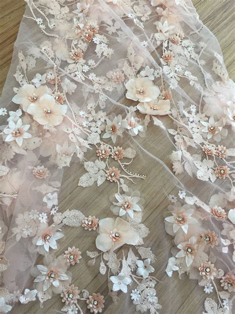Peach 3d Bridal Lace Fabric Luxury3d Flowers Applique Wedding Fabric French Lace Embroidered