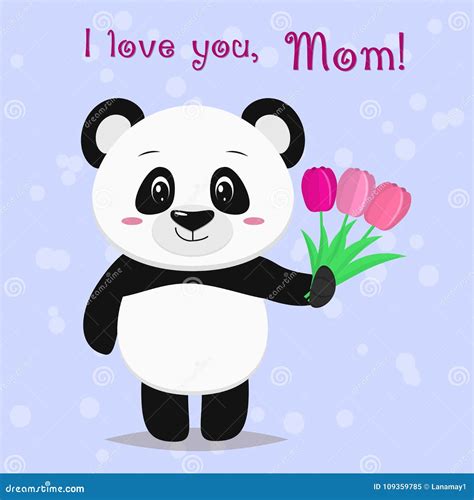A Sweet Panda Is Standing And Holding In Its Paws Three Pink Tulips