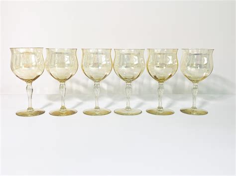 Vintage Set Of 6 Iridescent Wine Glasses Light Peach Color Large Vintage Water Goblets Circa
