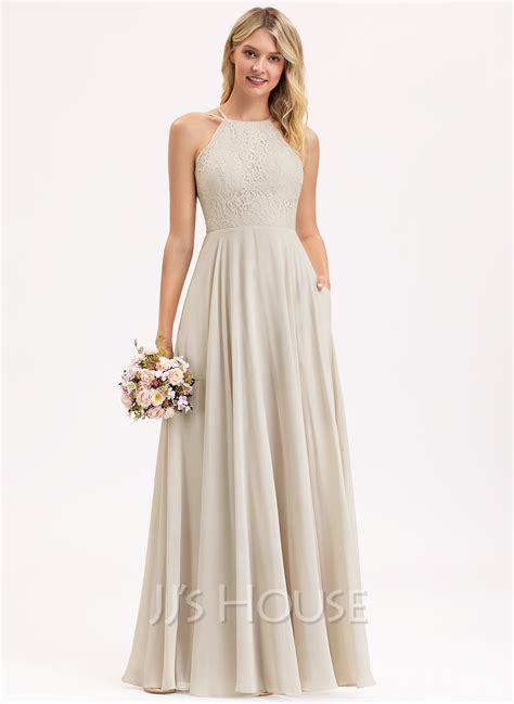 A Line Scoop Neck Floor Length Chiffon Lace Bridesmaid Dress With