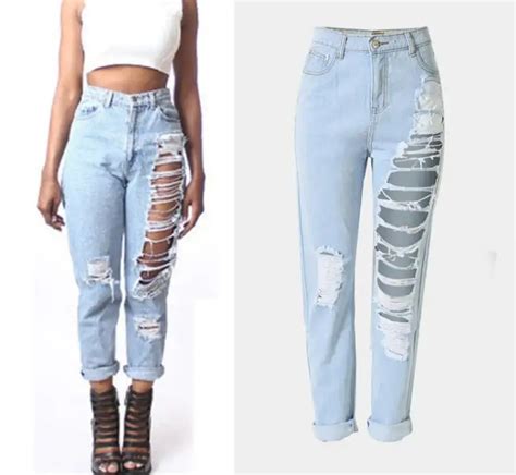 Arge Size Ripped Holes Jeans Women Vogue Mid Waist Denim Pencil Pants Female Washed Bleached