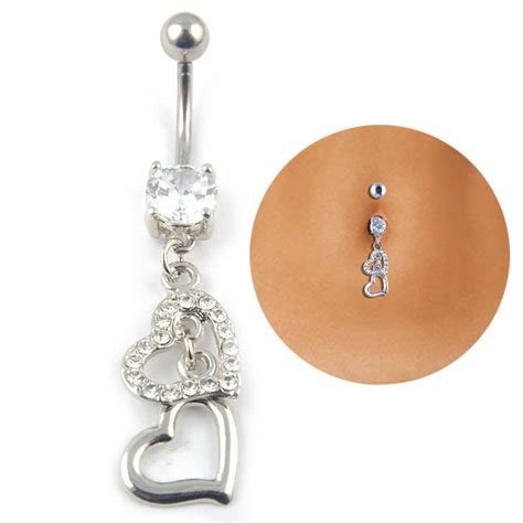 Buy Double Heart Crystal Rhinestone Steel Belly Navel Ring Bar Barbell Body Piercing At