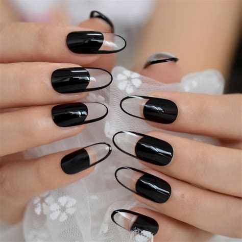 Black Clear French Tips Long Oval Round False Nail Acrylic Extensions
